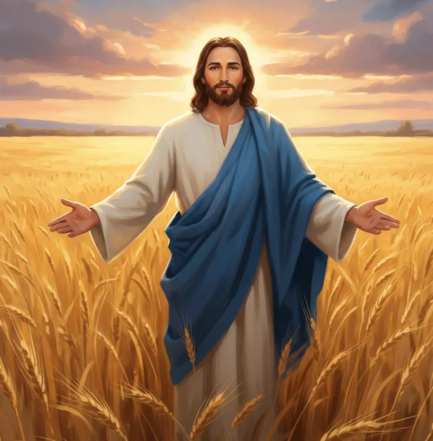 Jesús en un campo con los brazos abiertos